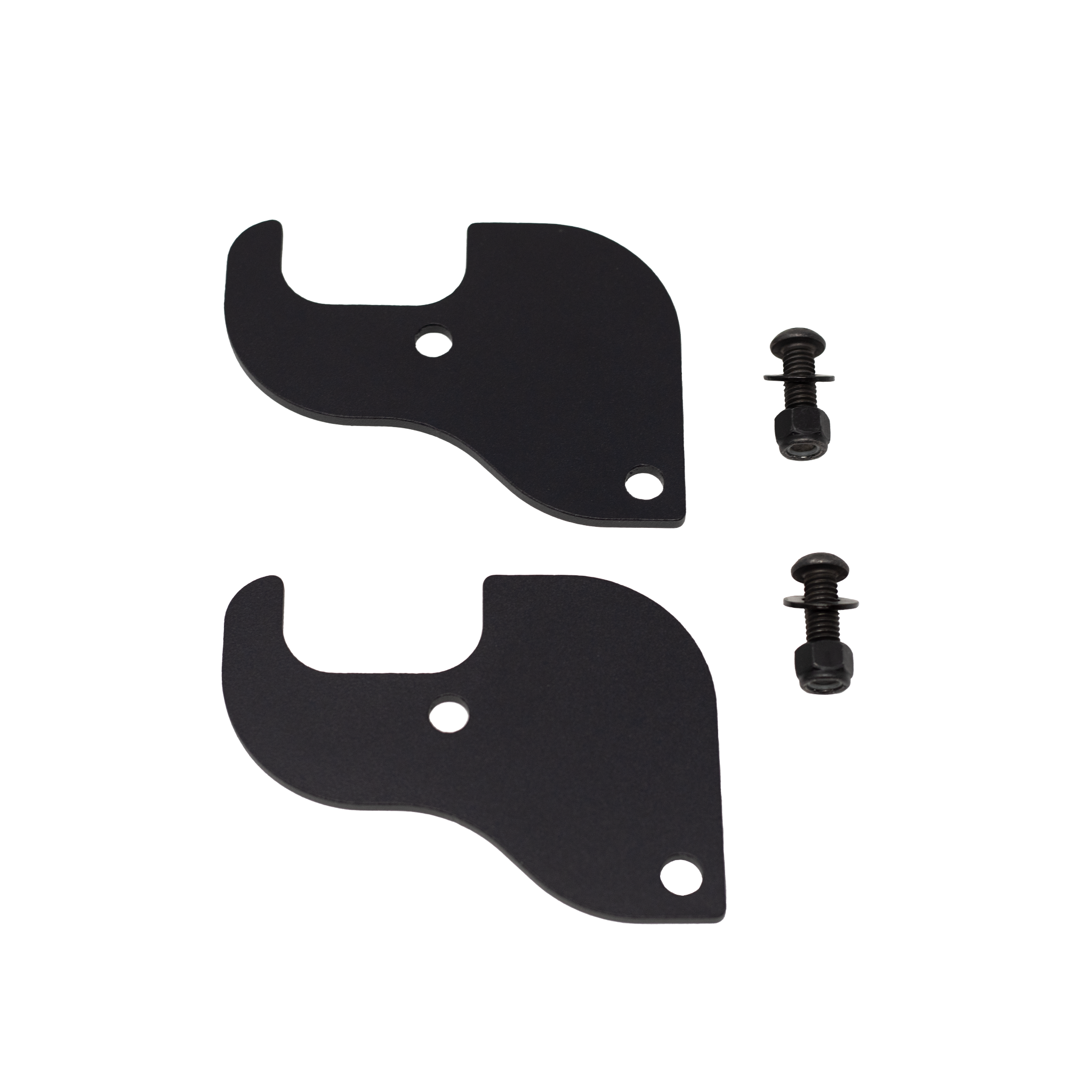 Two black metal shield brackets with screws on a white background