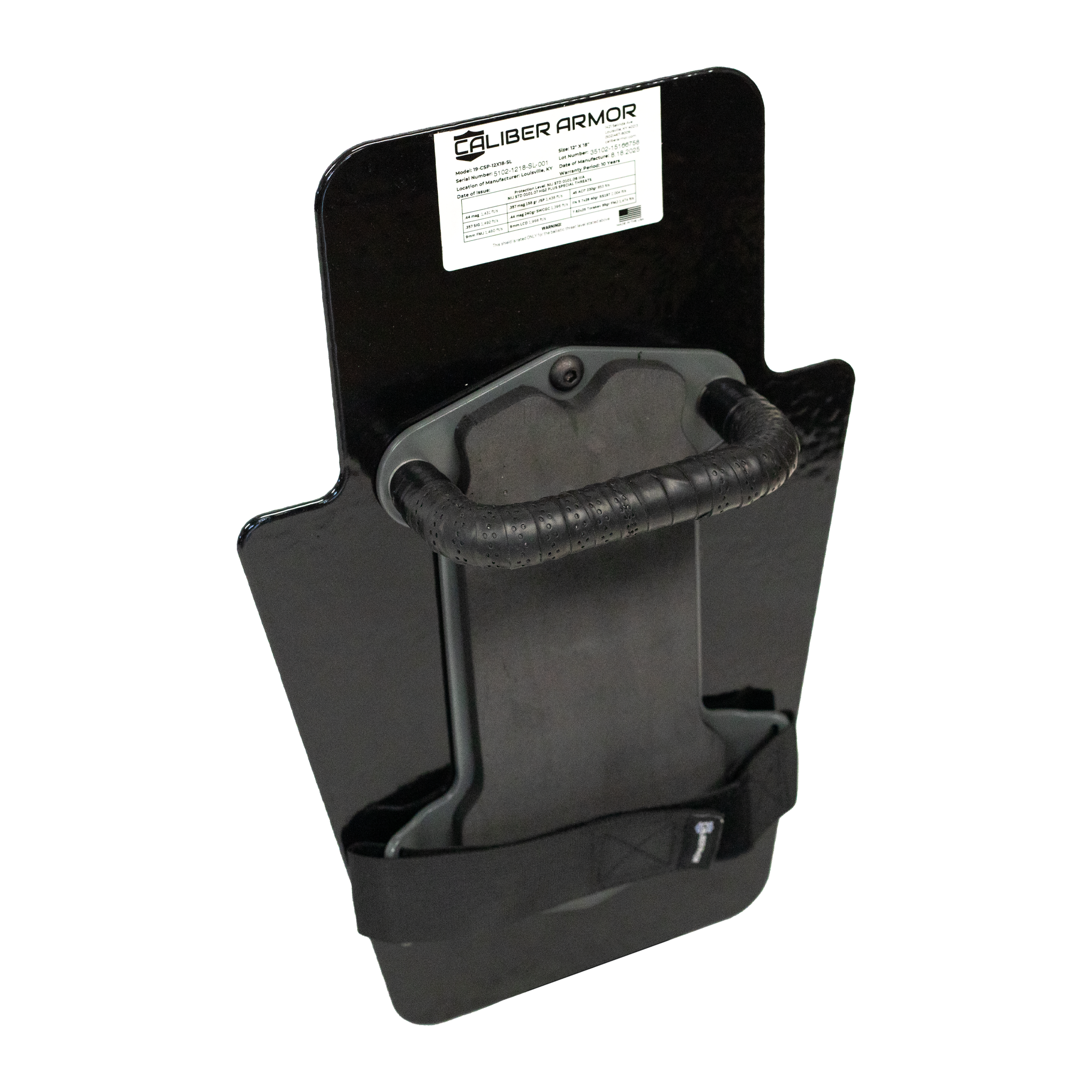 Top view of black 12" x 18" Caliber Armor Pistol rated Level IIIA HG2 Ballistic Shield with padded streamlined handle on a white background