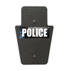 Front of black 12" x 18" Caliber Armor Pistol rated Level IIIA HG2 Ballistic Shield with SL handle with Police logo on a white background