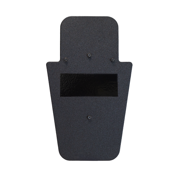 Front of black 15" x 25" Caliber Armor Pistol rated Level IIIA HG2 Ballistic Shield with three position handle on a white background