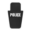 Front of black 15" x 25" Caliber Armor Pistol rated Level IIIA HG2 Ballistic Shield with fixed value line handle in the center & text of "police" in white on a white background