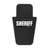 Front of black 15" x 25" Caliber Armor Pistol rated Level IIIA HG2 Ballistic Shield with fixed value line handle in the center & text of "sheriff" in white on a white background