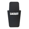 Front of black 16" x 30" Caliber Armor Pistol rated Level IIIA HG2 Ballistic Shield with fixed handle in the center & white text "sheriff" on a white background