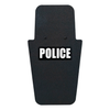 Front of black 16" x 30" Caliber Armor Pistol rated Level IIIA HG2 Ballistic Shield with fixed value line handle in the center & text of "police" in white on a white background