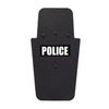 Front of a black 16" x 30" Caliber Armor Pistol rated Level IIIA HG2 Ballistic Shield with pivoting handle with Police text on a white background
