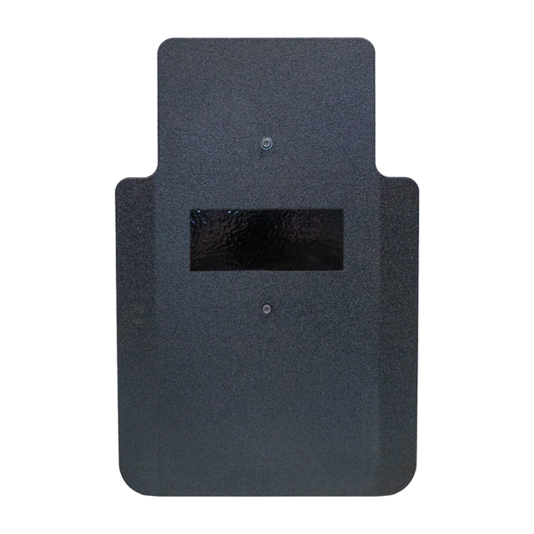 Front of black 20" x 30" Caliber Armor Pistol rated Level IIIA HG2 Ballistic Shield with fixed streamlined handle in the center on a white background