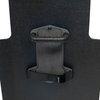 Upclose view of black 20" x 30" Caliber Armor Pistol rated Level IIIA HG2 Ballistic Shield with fixed streamlined handle in the center, padded armrest & quick release strap on a white background