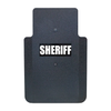 Front of black 20" x 30" Caliber Armor Pistol rated Level IIIA HG2 Ballistic Shield with fixed streamlined handle in the center , text of "sheriff" in white on a white background