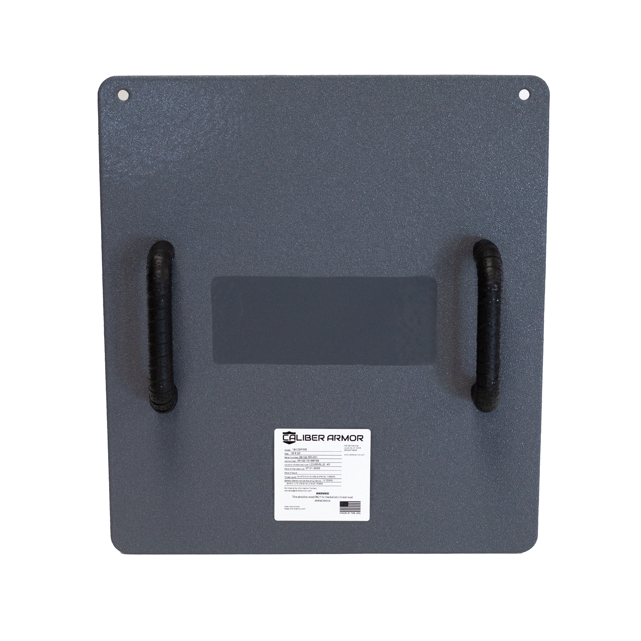 Backside of gray 18" x 20" Caliber Armor Pistol rated Level IIIA HG2 Ballistic Shield with dual handles for schools, places of worship & law enforcement on a white background
