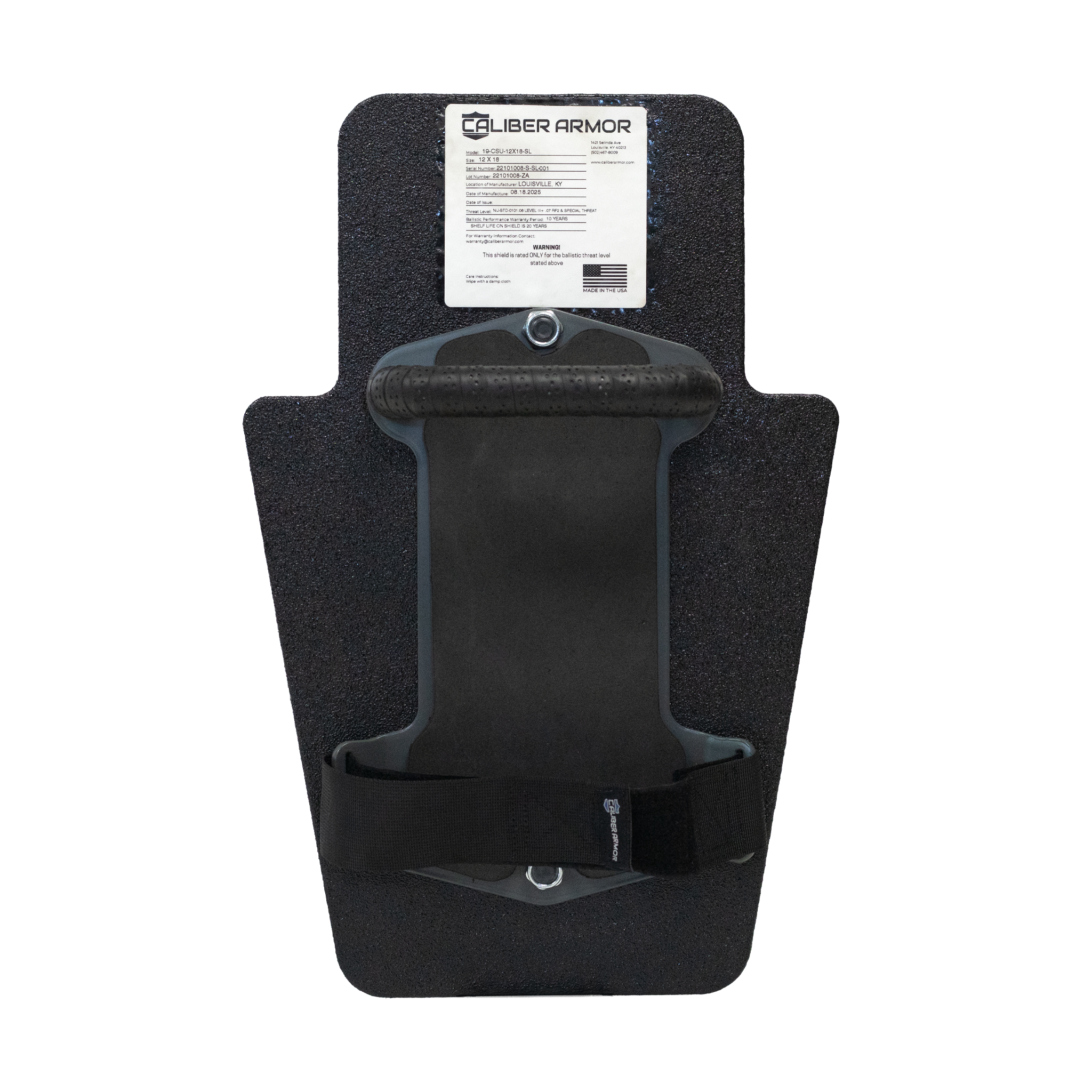 Backside of black 12" x 18" Caliber Armor Rifle rated Level III+ RF2 Ballistic Shield with padded streamlined handle on a white background