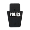 Front of black 12" x 18" Caliber Armor Rifle rated Level III+ RF2 Ballistic Shield with SL handle with Police logo on a white background
