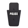 Front of black 15" x 25" Caliber Armor Rifle rated Level III+ RF2 Ballistic Shield with fixed SL handle in the center & text of "police" in white on a white background