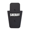 Front of black 15" x 25" Caliber Armor Rifle rated Level III+ RF2 Ballistic Shield with fixed streamlined handle in the center & text of "sheriff" in white on a white background