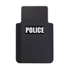 Front of black 20" x 30" Caliber Armor Pistol rated Level IIIA HG2 Ballistic Shield with "Police" in white text, on a white background