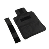 Black CaliberX Core Ballistic Vehicle seat shield outer carrier with headrest strap laid out flat on a white background