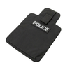 Black CaliberX Core Ballistic Vehicle seat shield with POLICE Credentials & elastic headrest strap on a white background