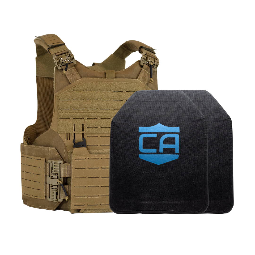Tan M.O.D. carrier with two LevelIV SAPI cut ceramic plates
