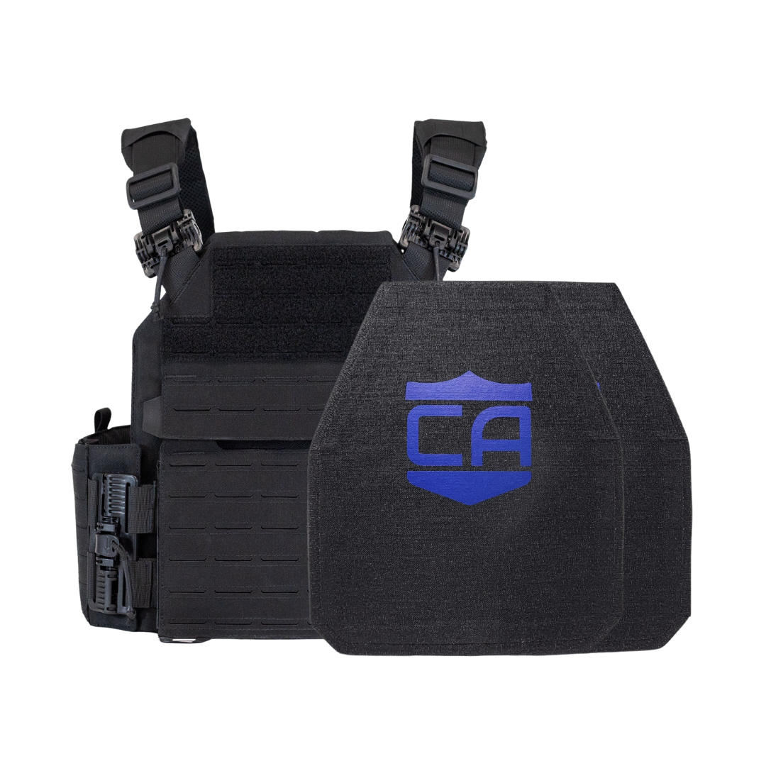 Black recon tactical carrier with two shooters cut level iv ceramic plates
