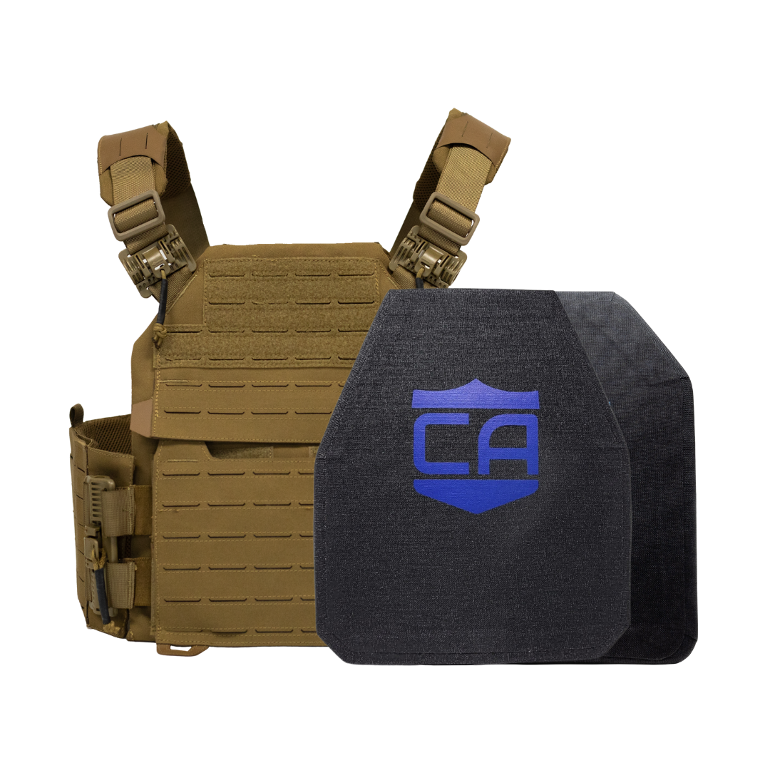 Tan recon tactical carrier with a shooters & SAPI cut level iv ceramic plates