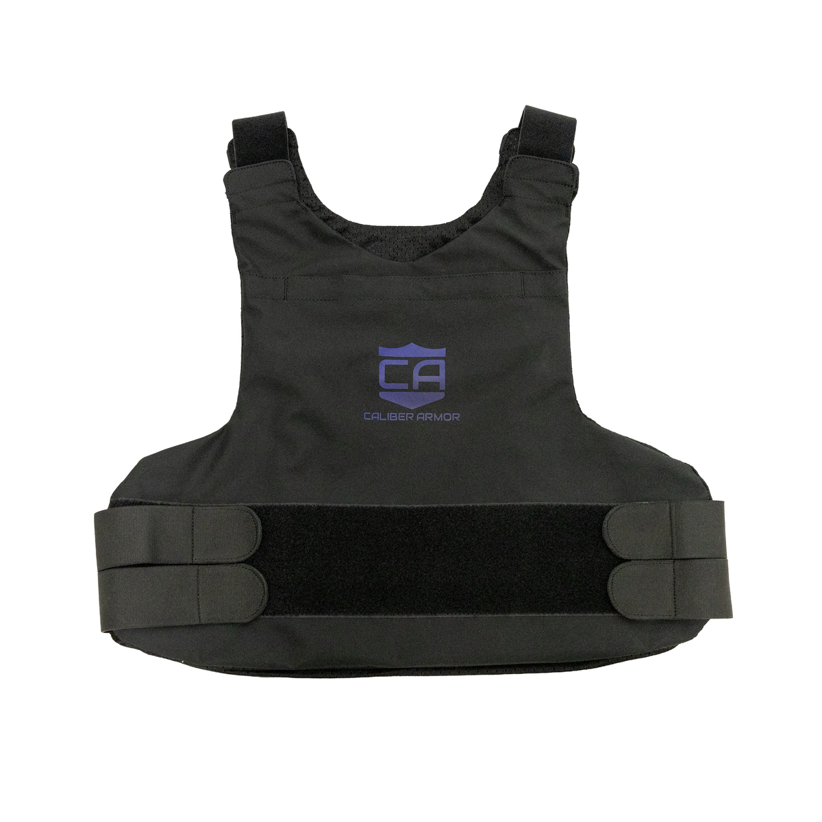 Front view of Caliber Armor covert hybrid concealable carrier in black laying flat on a white background, faint blue "CA Caliber Armor" logo visible in the center of the chest