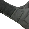 Close up view of Caliber Armor covert hybrid concealable carrier in black, showing how the shoulder straps have hook and loop velcro adjustability, on a white background