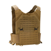 Angled front view of phantom low-visibility plate carrier in coyote tan showing 3 magazine capacity on elastic cummerbund on a white background