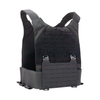 Angled front view of large phantom low-visibility plate carrier in black showing 3 magazine capacity on elastic cummerbund on a white background