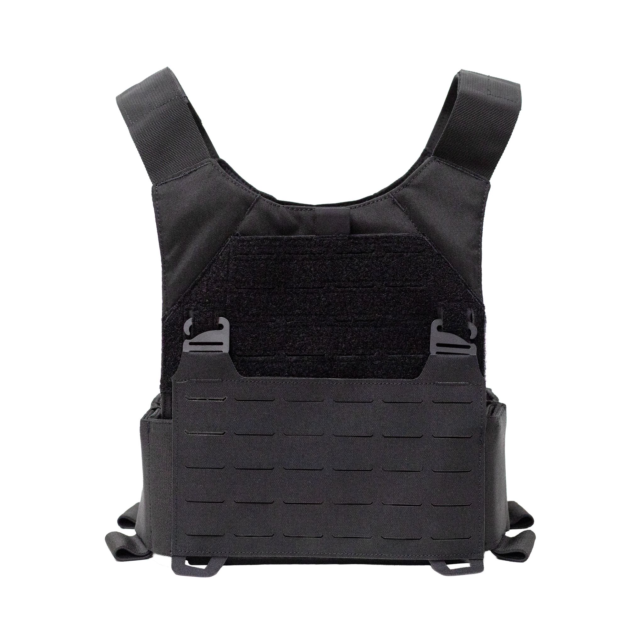 Front view of small phantom low-vis plate carrier in black on a white background