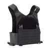 Angled front view of small phantom low-vis plate carrier in black showing the two mag pouches on elastic cummerbund on a white background