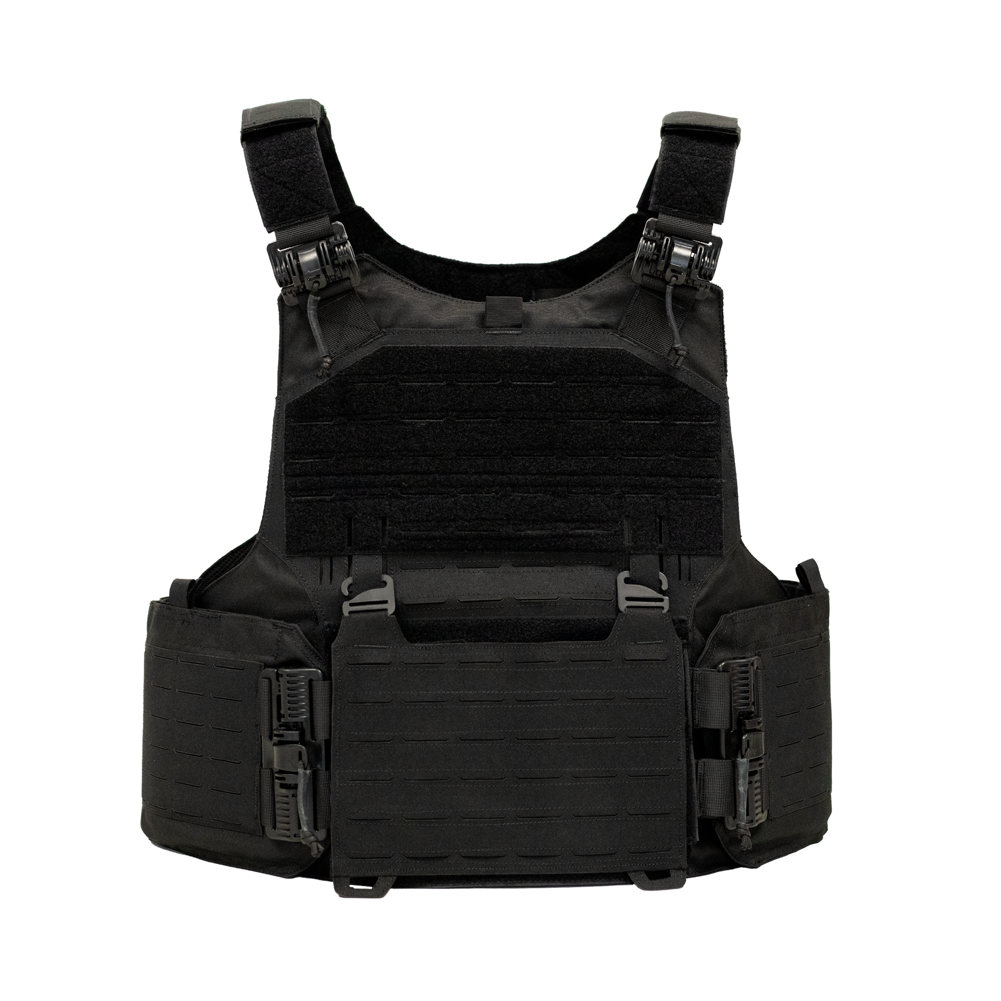 Front View of Black Modular overt defense plate carrier white background