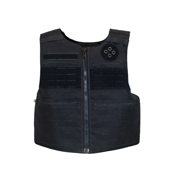 front view of black law enforcement body armor vest that zips up with molle