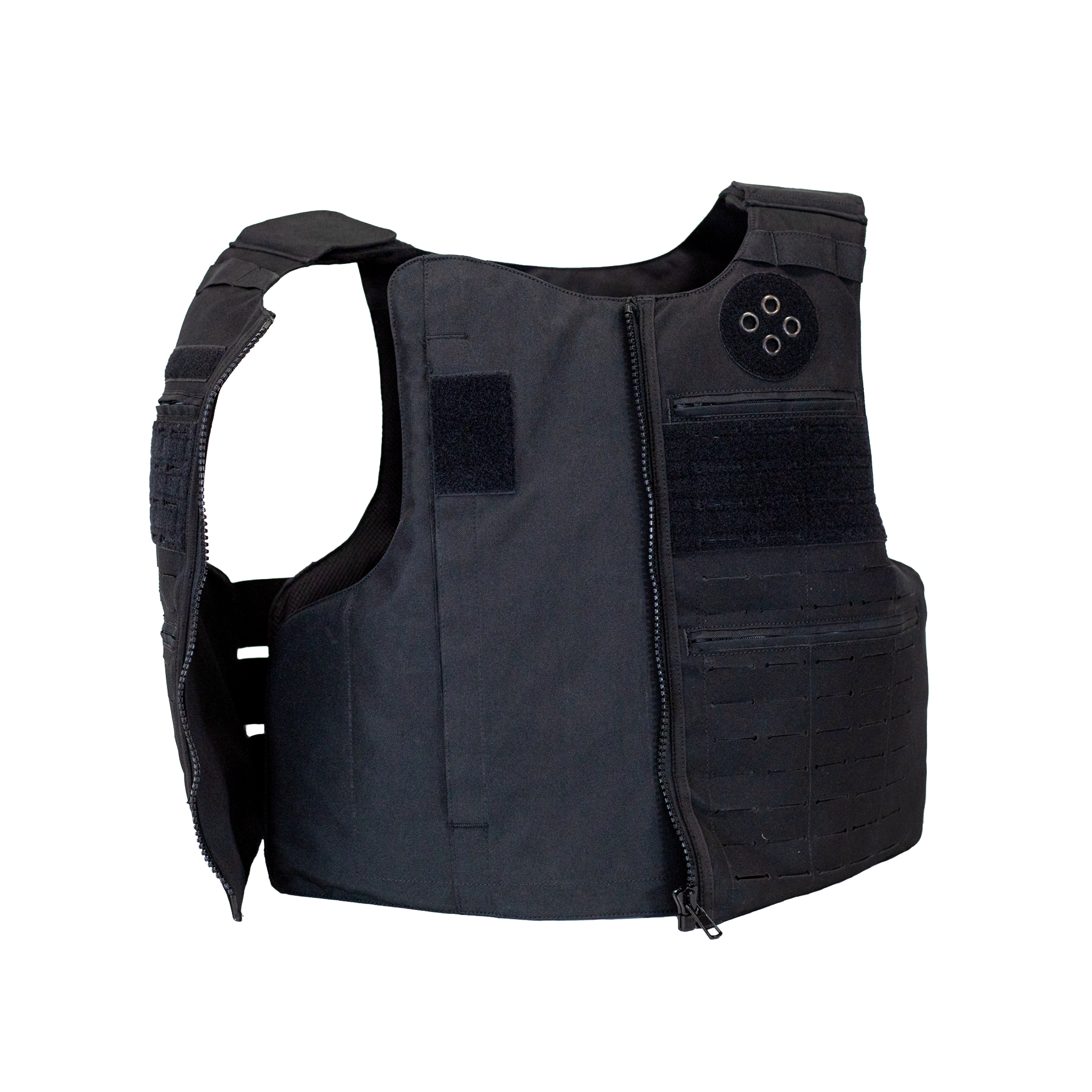 Front view of black patrol body armor vest with velcro zipper closure