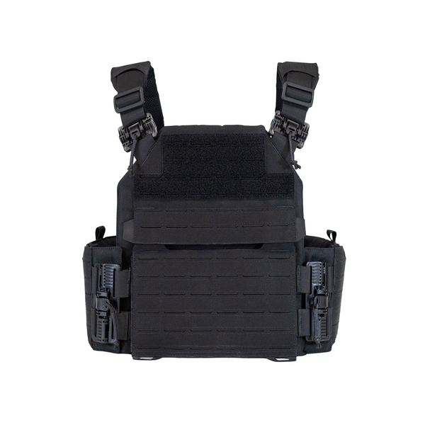 Black tactical plate carrier on a white background