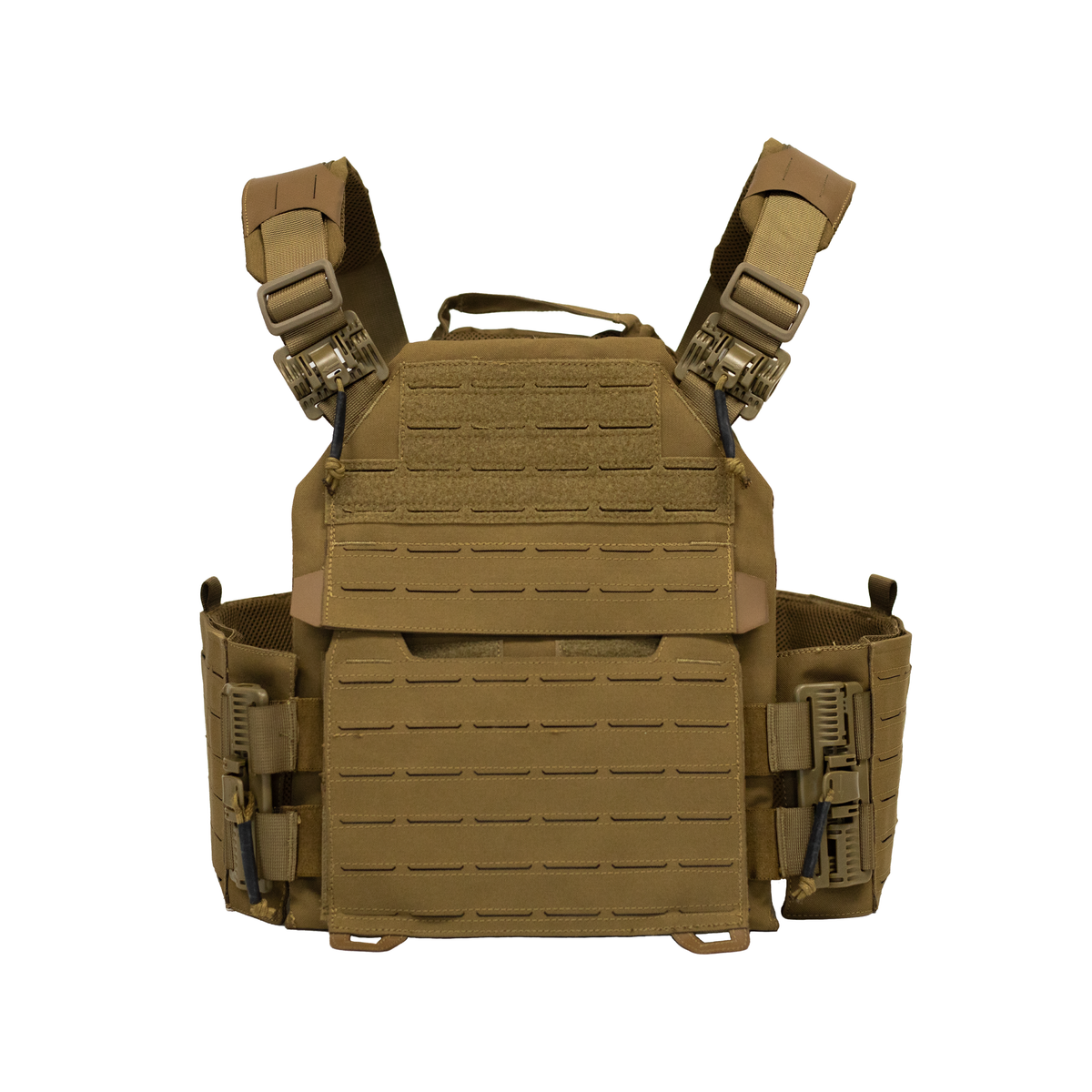 Front view of Brown recon tac carrier with quick detach tubes on both shoulders and waist