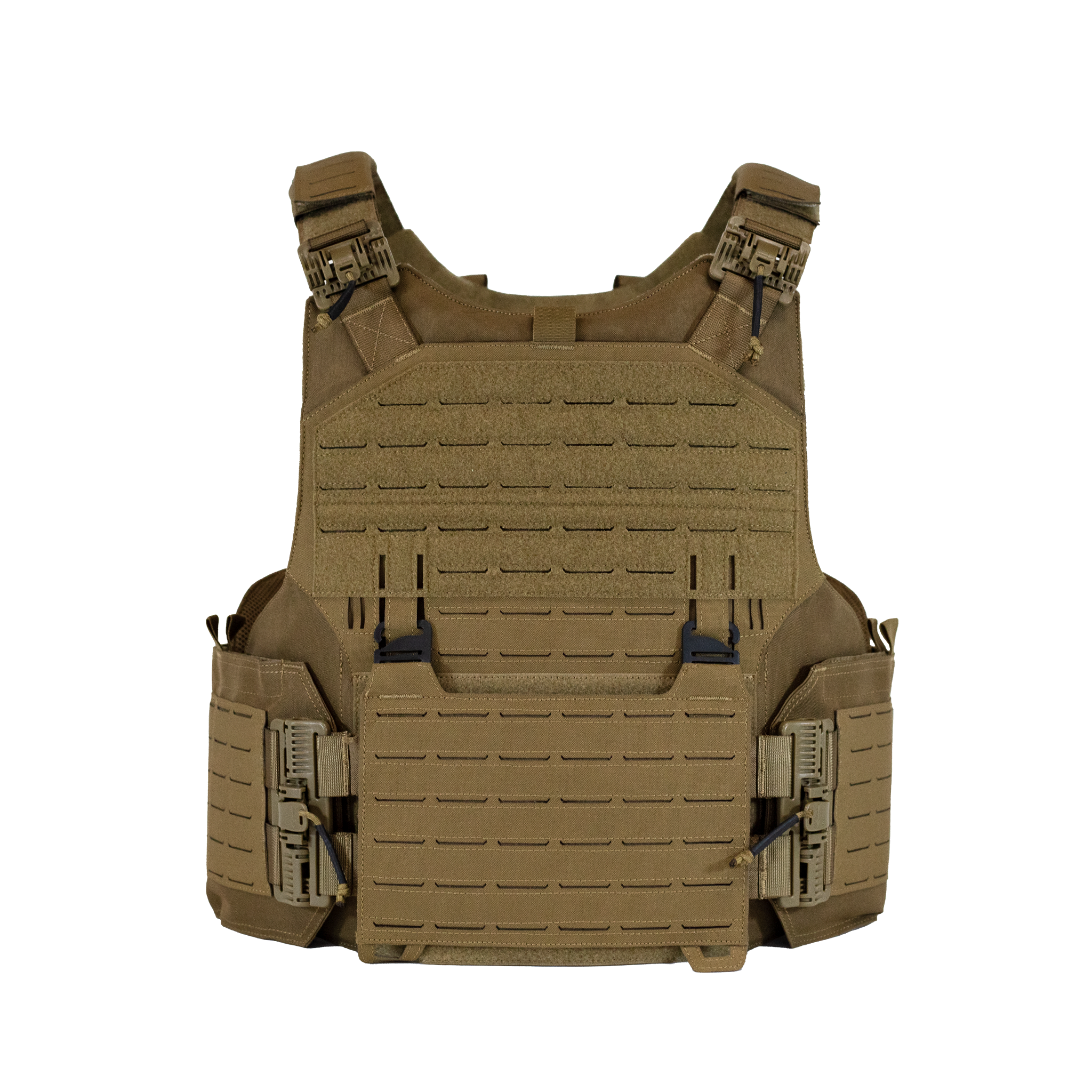 Tan tactical plate carrier on a white background