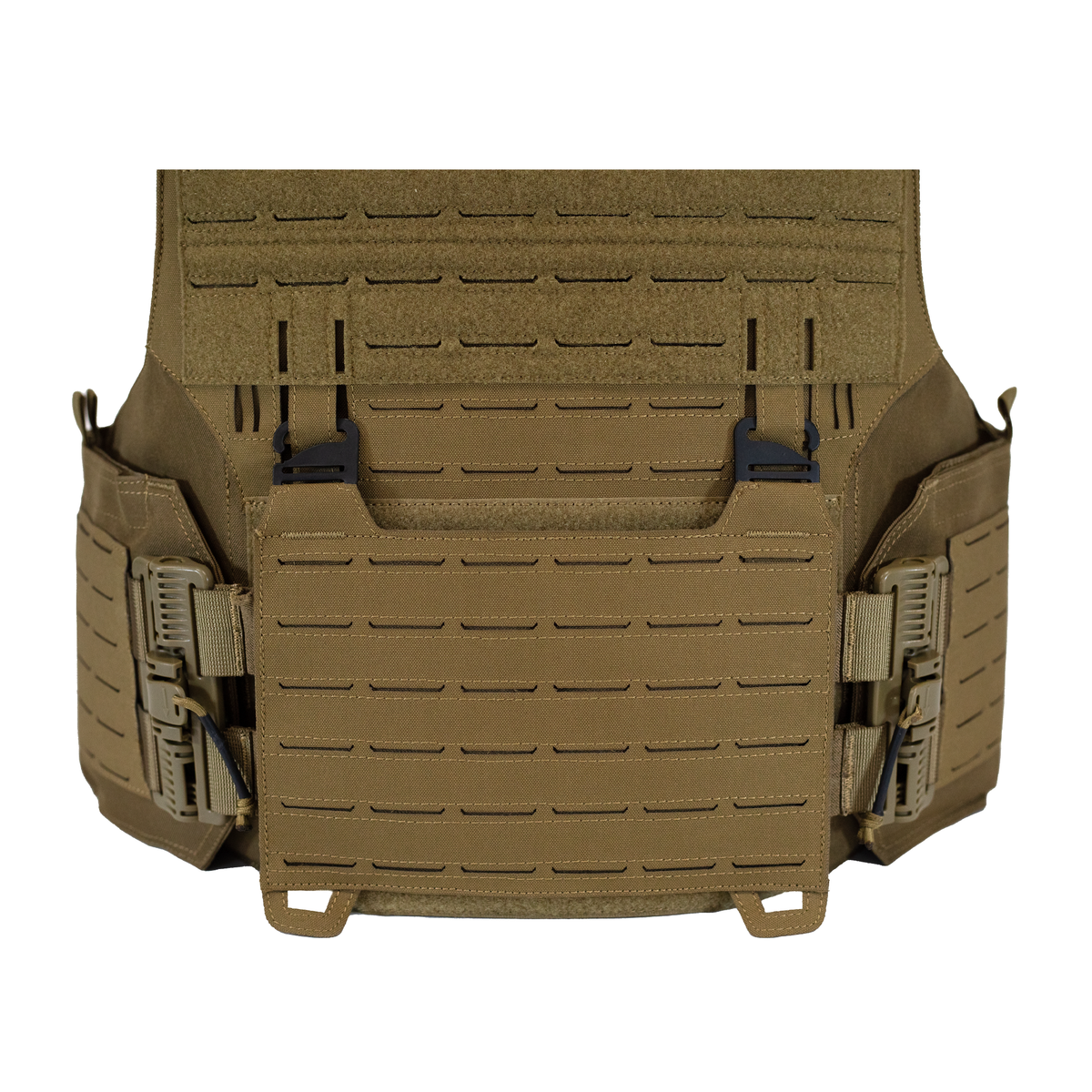 removeable molle plackard with ghooks attached to front of tan plate carrier