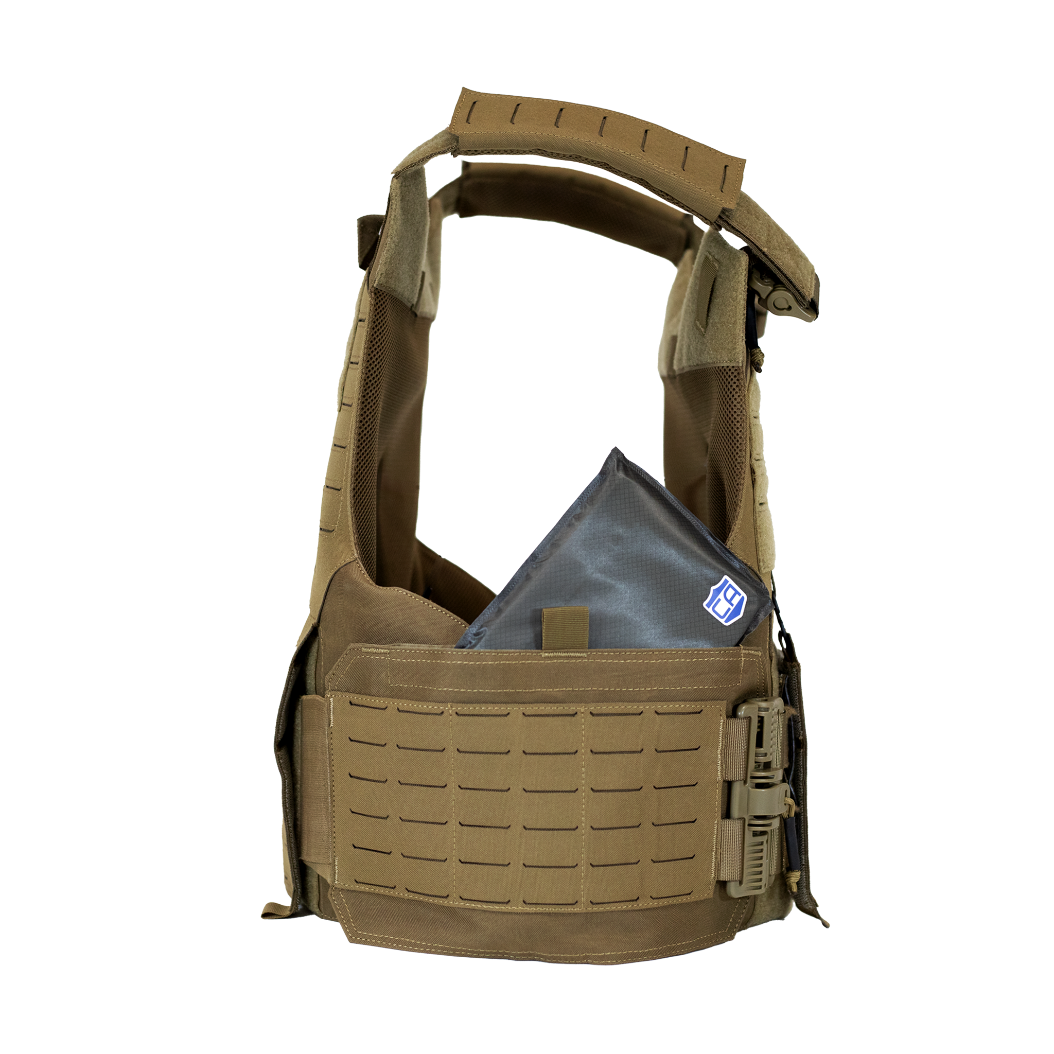 Side profile of Tan body armor plate carrier showing that it is compatible with soft body armor side panels on a white background