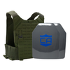 NIJ level III Maritime hard body armor package, SAPI cut plates with a Olive Drab Green Caliber Armor Phantom Low visibility plate carrier, on a white background