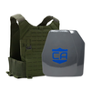 NIJ level III Maritime hard body armor package, Shooter & SAPI cut plates with a Olive Drab Green Caliber Armor Phantom Low visibility plate carrier, on a white background