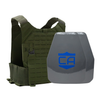 NIJ level III Maritime hard body armor package, Shooter cut plates with a Olive Drab Green Caliber Armor Phantom Low visibility plate carrier, on a white background