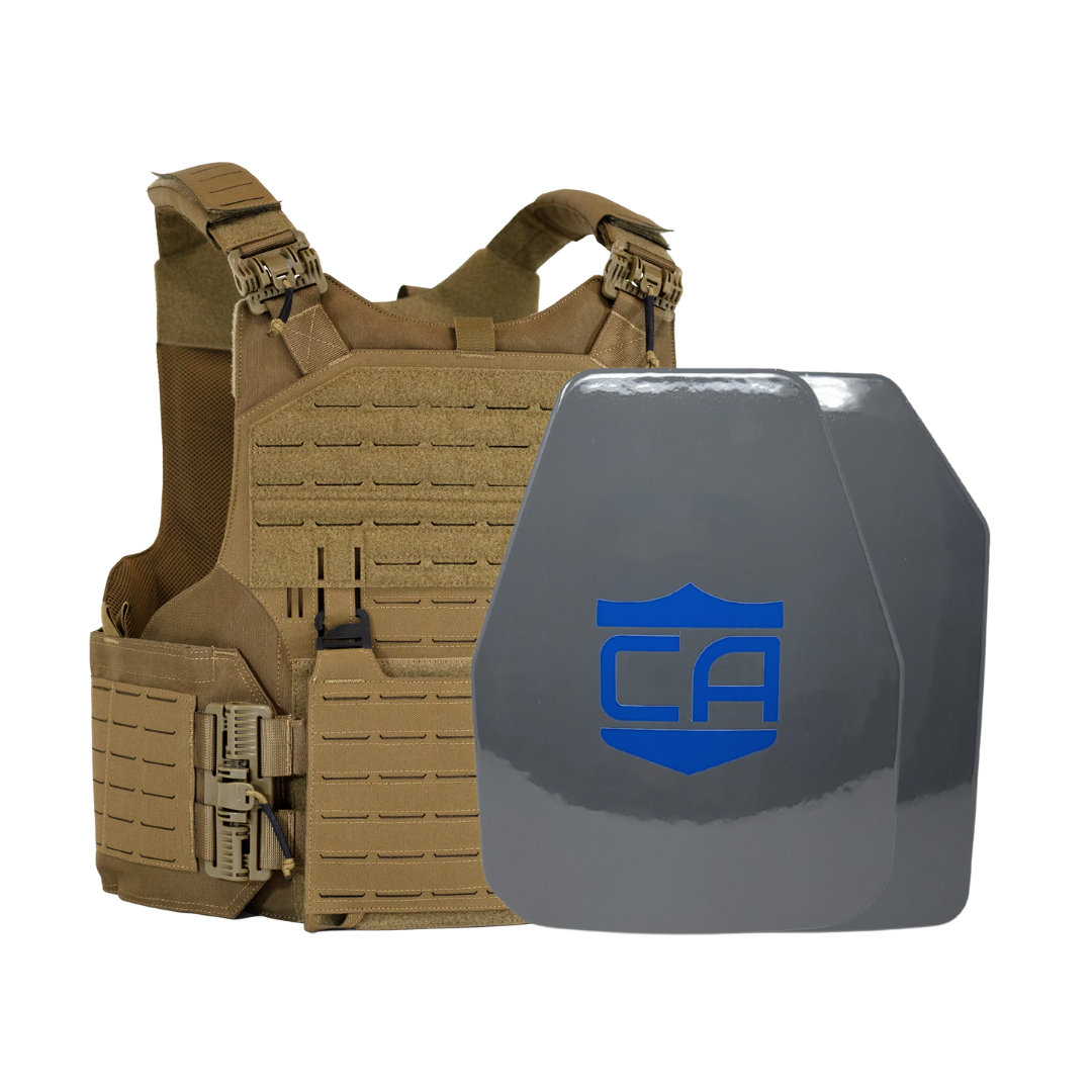 Tan M.O.D. carrier with shooters &  SAPI cut UHMWPE Maritime plates with waterproof coating
