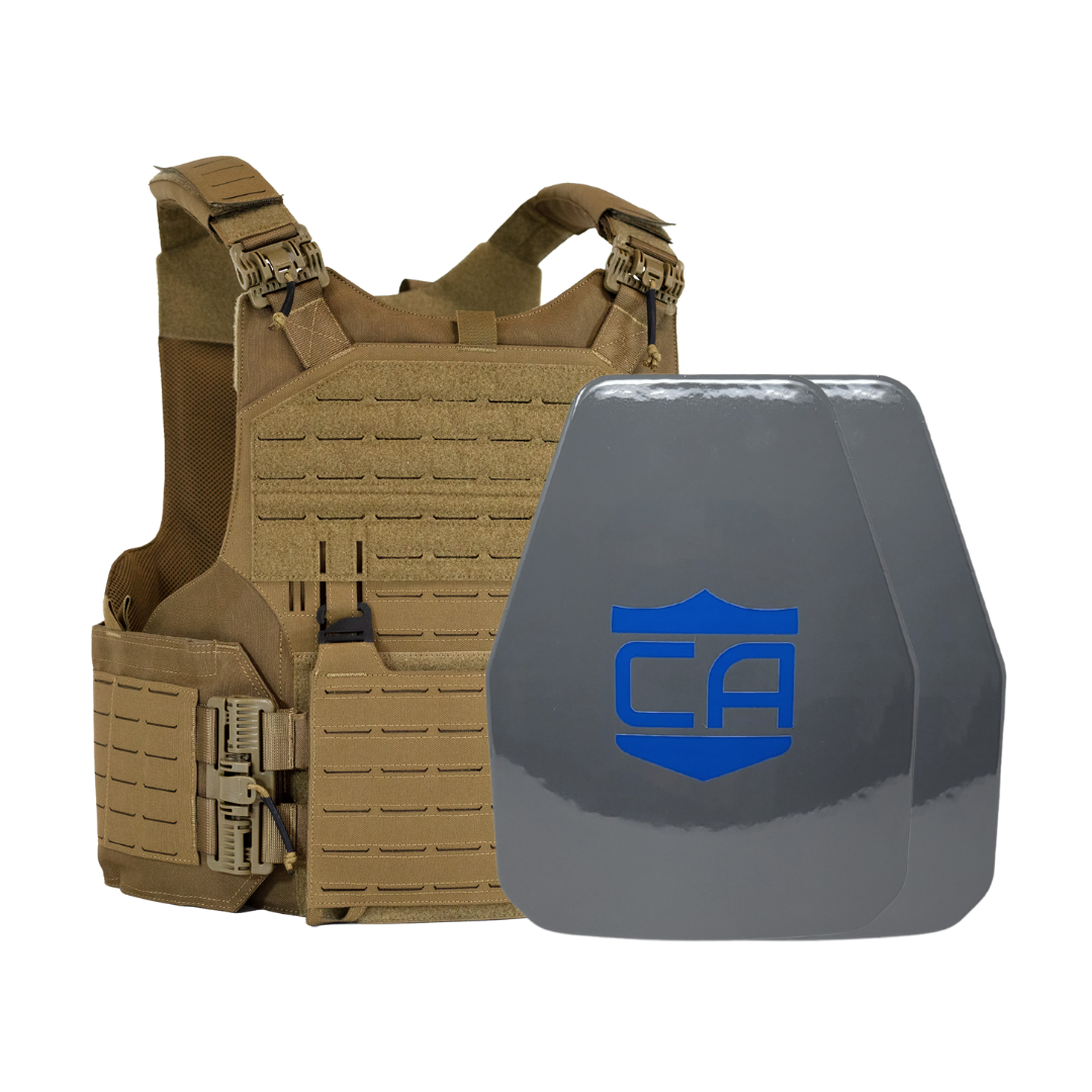 Tan M.O.D. carrier with two shooters cut UHMWPE Maritime plates with waterproof coating