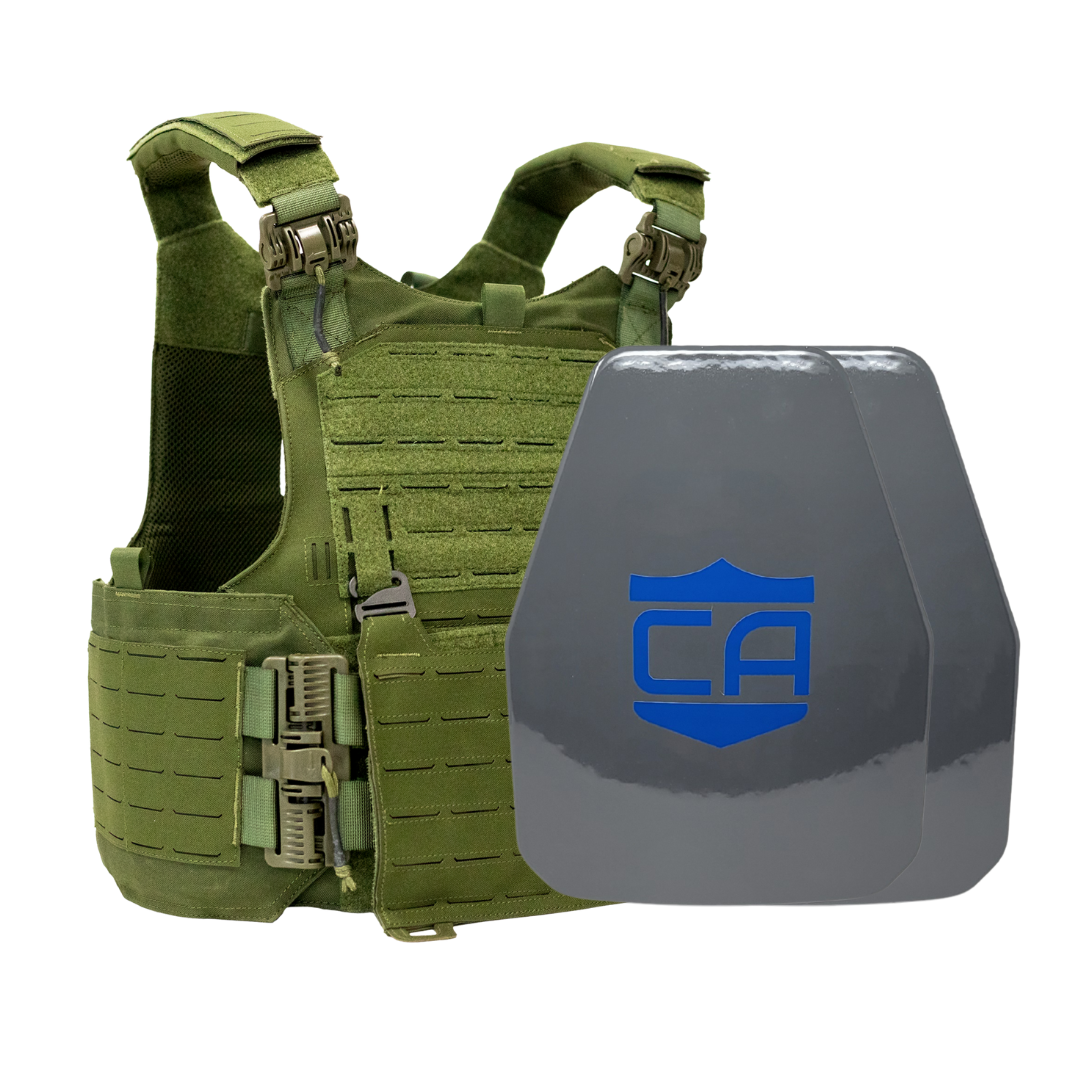 Green M.O.D. carrier with two shooters cut UHMWPE Maritime plates with waterproof coating
