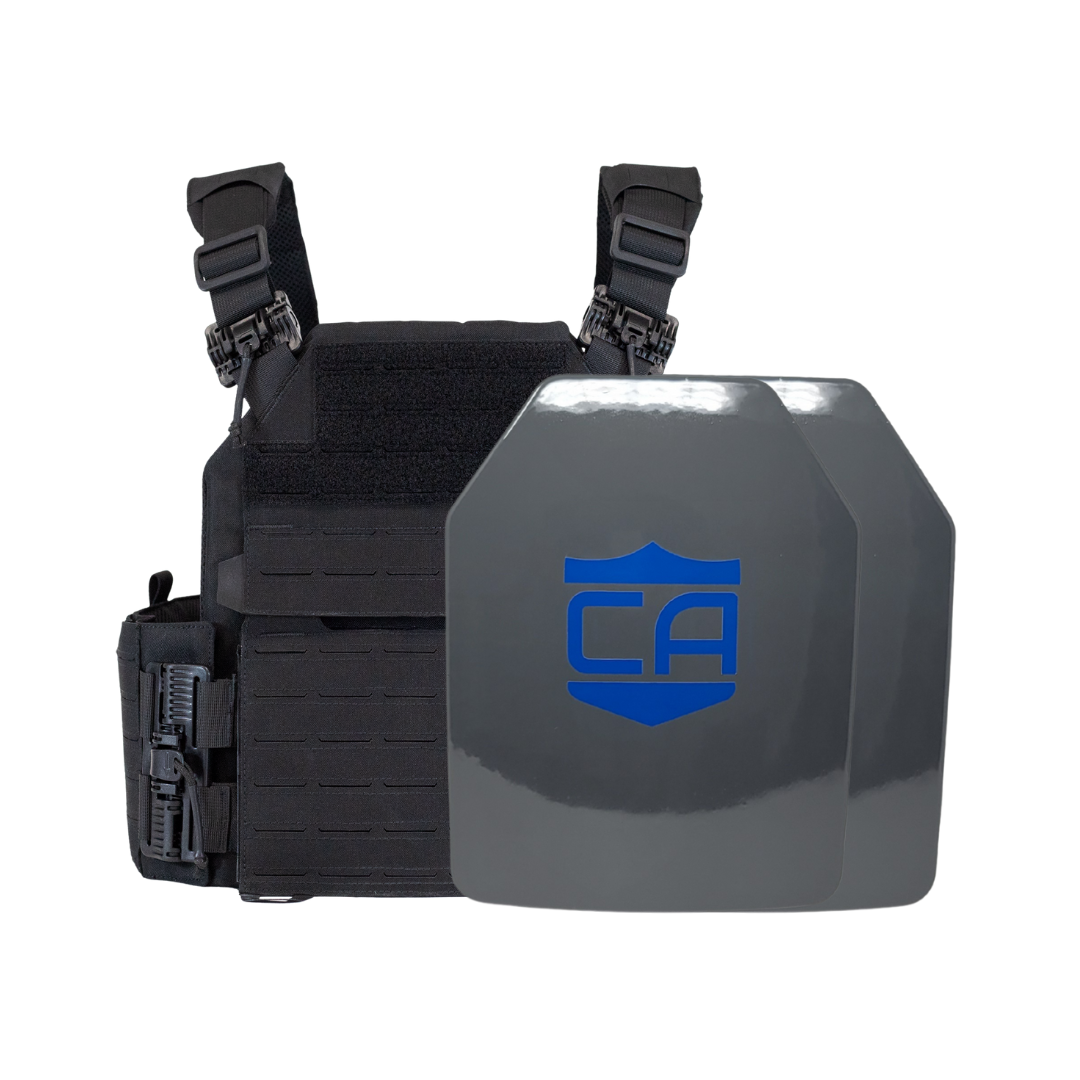Black recon tactical carrier with two SAPI cut maritime UHMWPE plates