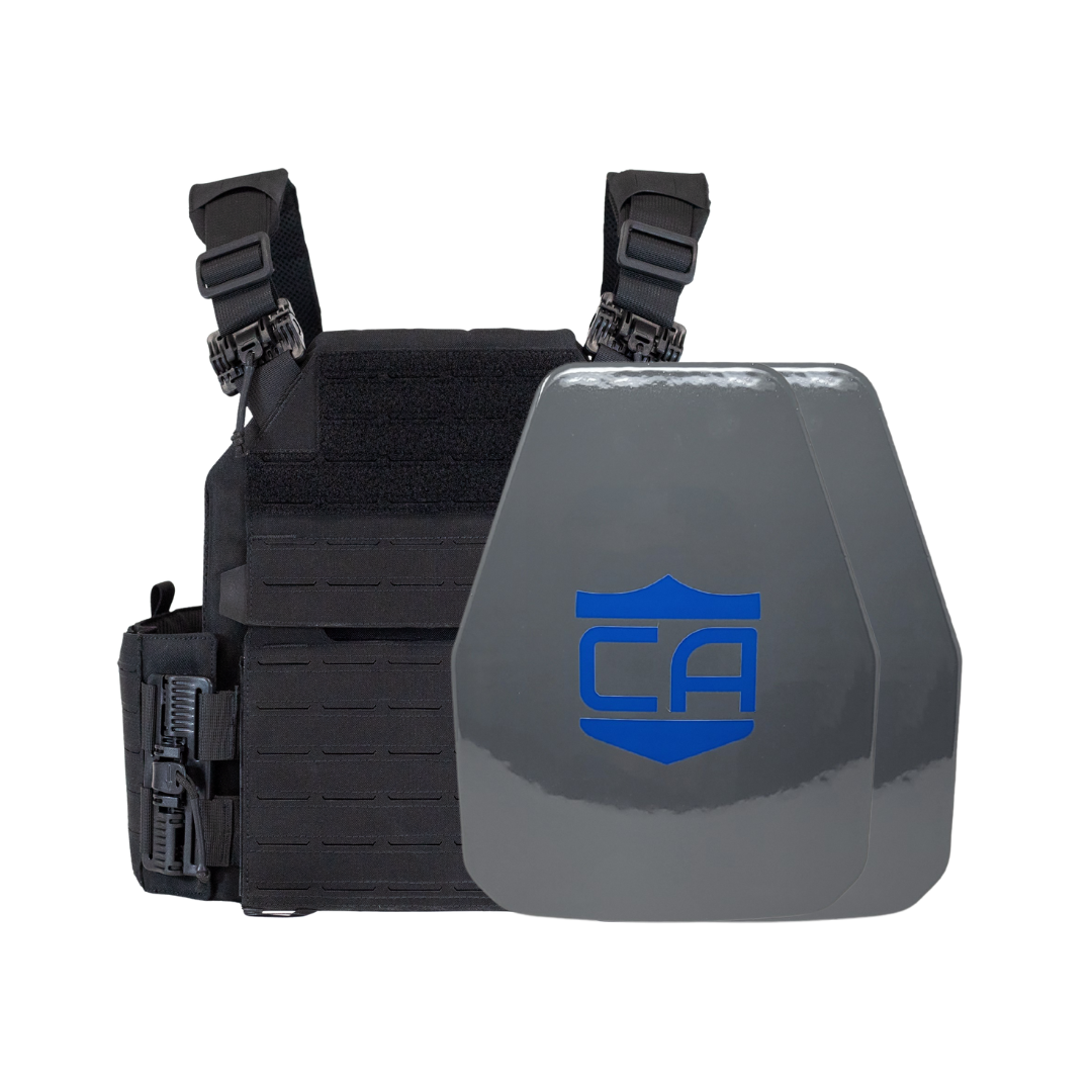 Black recon tactical carrier with two shooters cut maritime UHMWPE plates