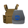 Tan recon tactical carrier with two shooters cut maritime UHMWPE plates