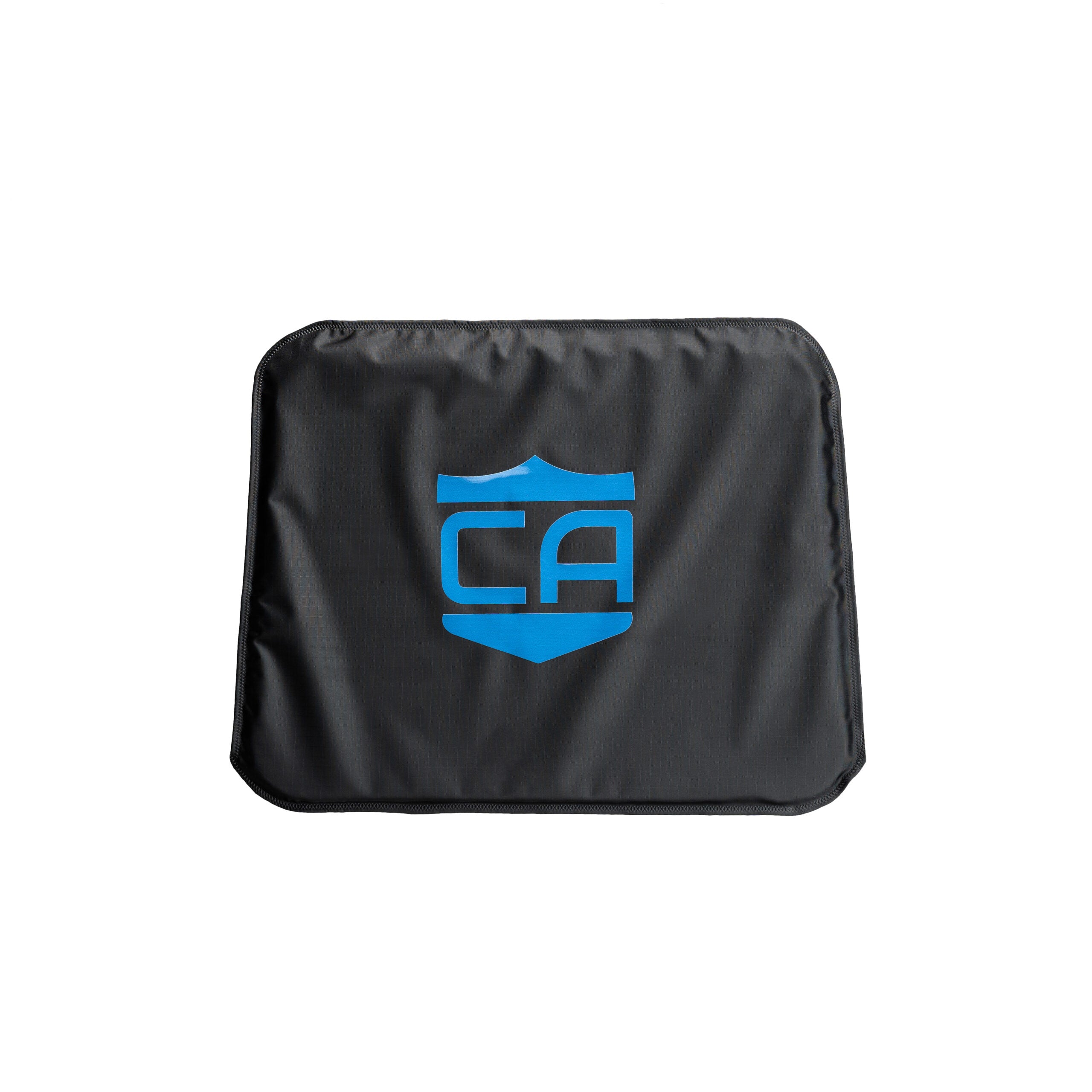A black Vertx Tourist Sling backpack armor panel measuring 12" wide by 9" high with blue Caliber Armor Decal on a white background