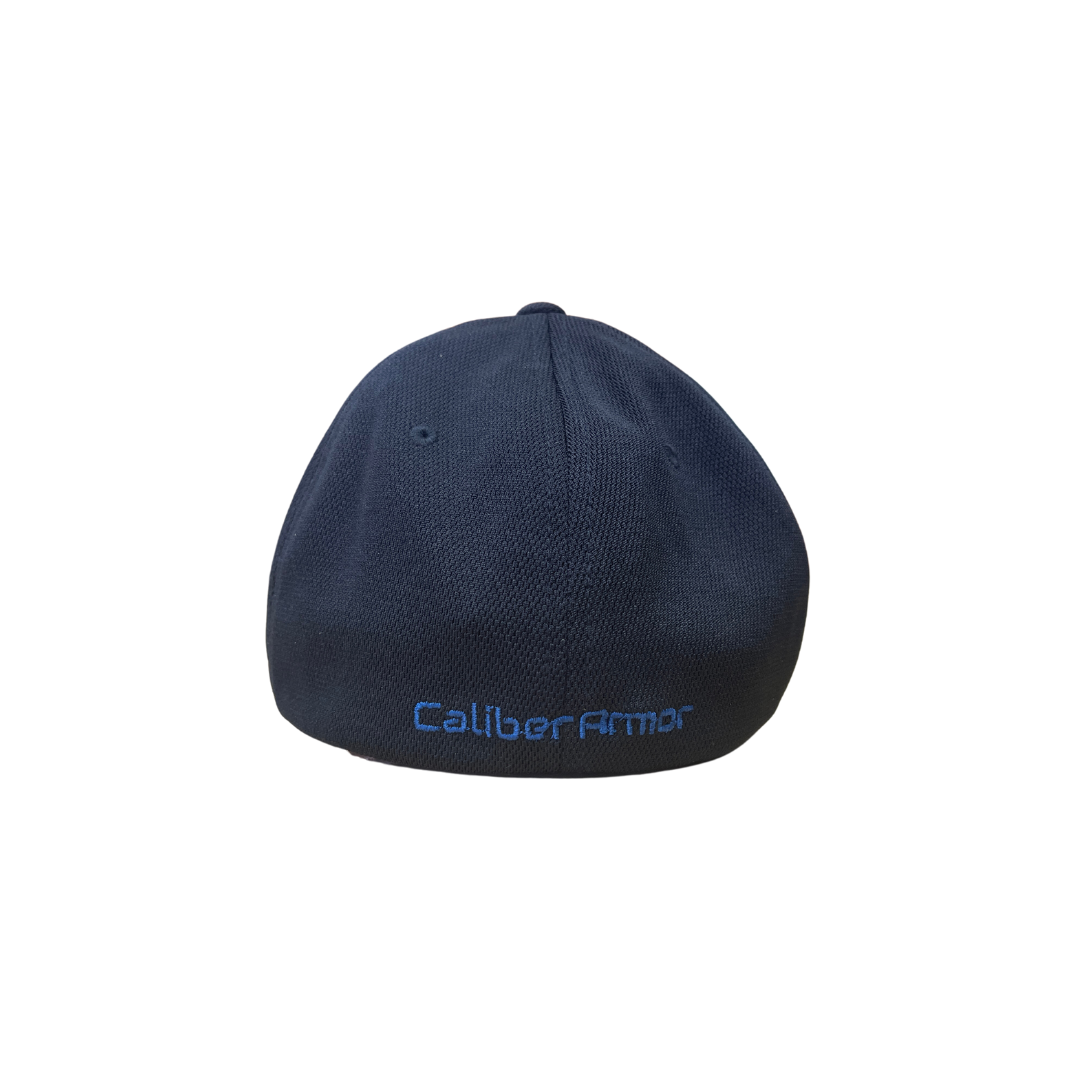 backside of navy blue flexfit hat that says "Caliber Armor"