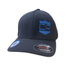 Navy blue cap with a blue Caliber Armor "CA" logo on a white background, show with removeable stickers identifying it as a flexfit hat 