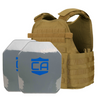 Front view of the AR550 Level III+ SAPI cut polyshield coating Body Armor Package with Condor MOPC plate carrier on a white background